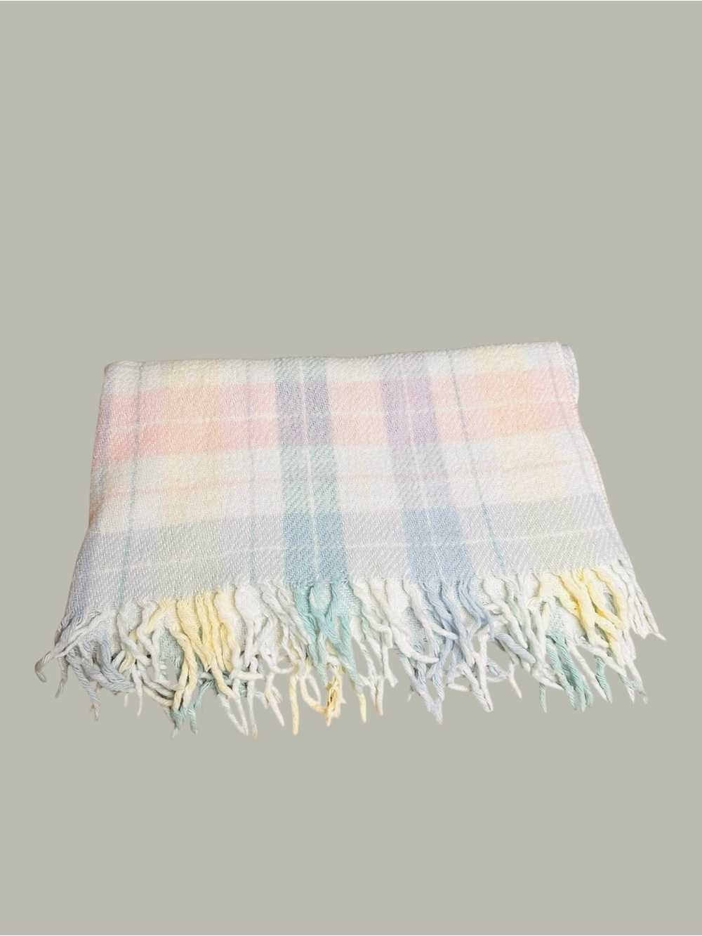 Vtg Beacon Baby Blanket Plaid Acrylic Pastel Fringe Pink Blue Yellow 34”x40”